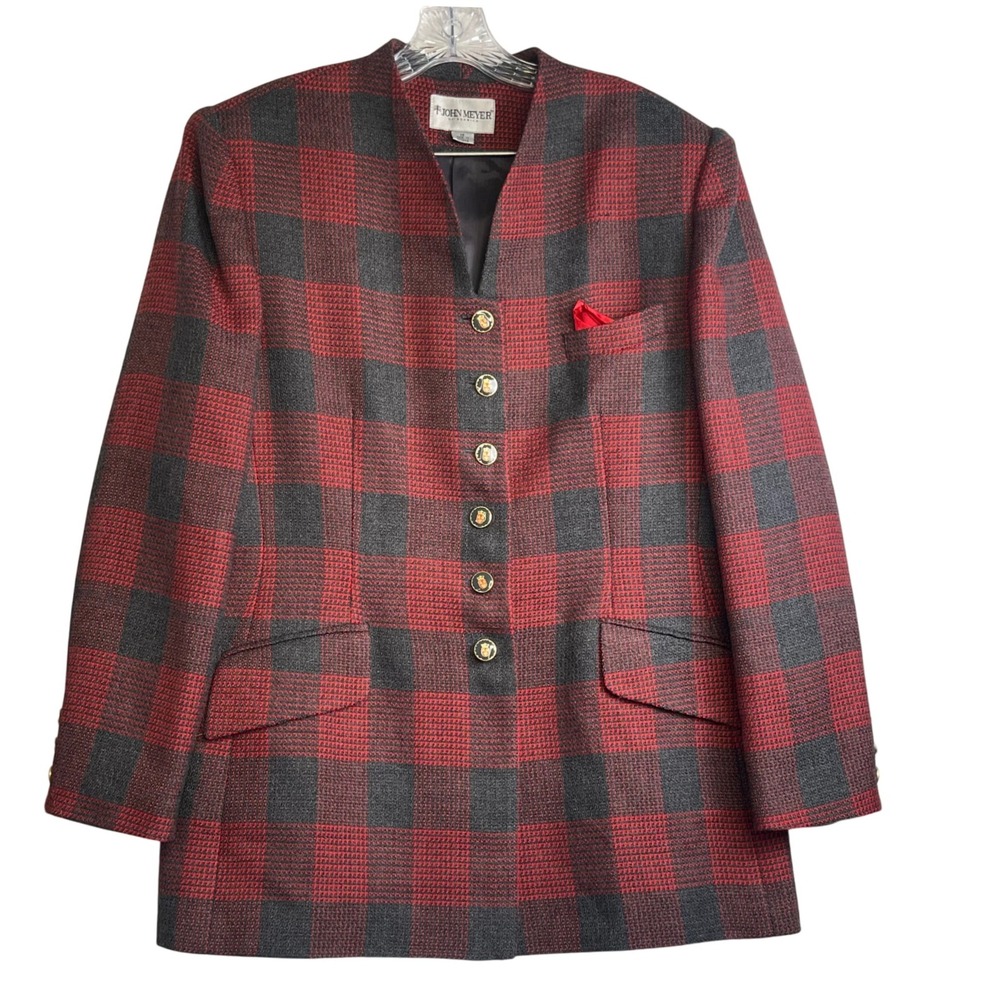John Meyer Norwich Women's 14 Plaid Blazer Red Gray Wool Blend Vintage Preppy